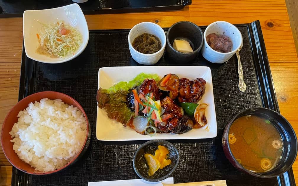 焼き鳥や味噌汁、サラダなどが盛られた和定食