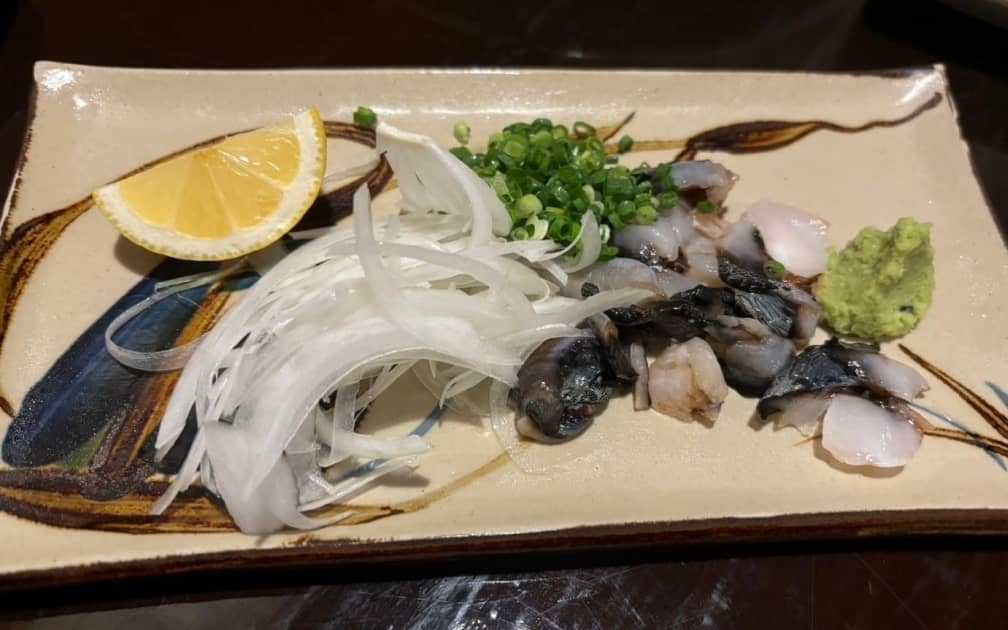 新鮮なイカの刺身が玉ねぎやネギ、わさびとともに盛り付けられている